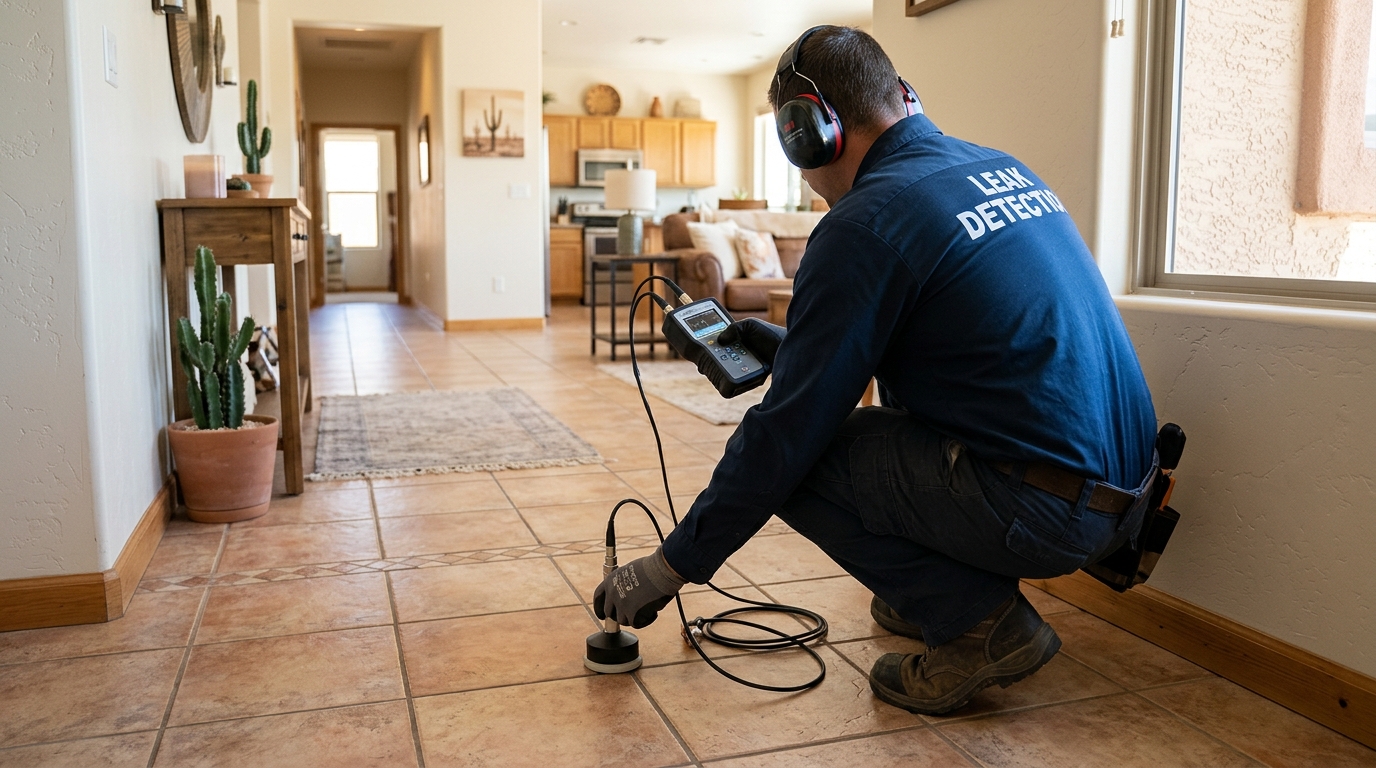 Subterranean foundation leak detection technician working on residential flooring in Queen Creek Arizona
